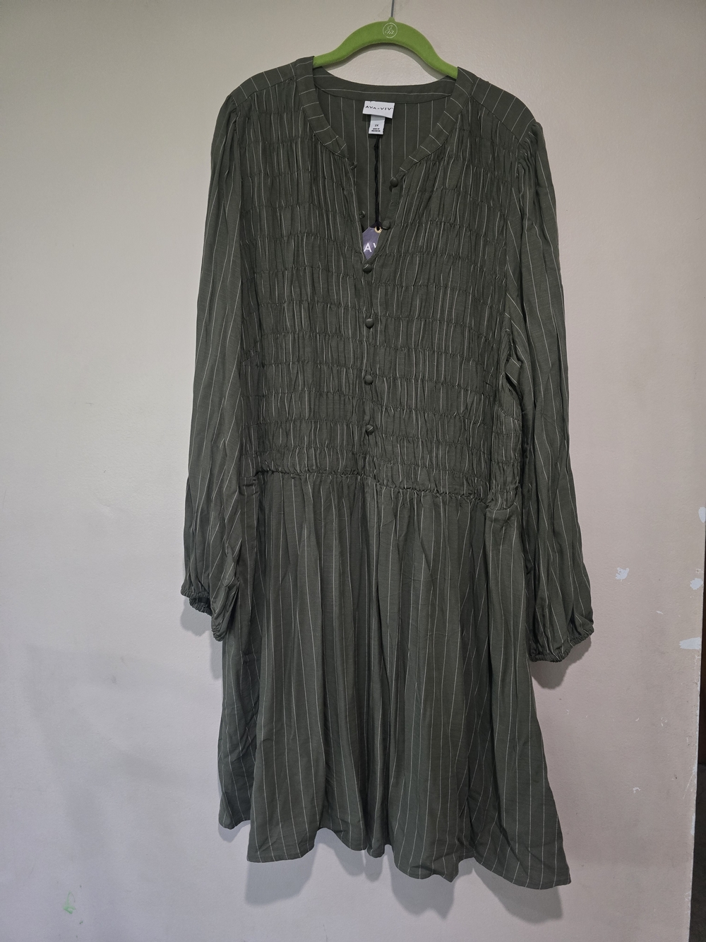 Womans Plus Size 2X Olive Green Pinstripe 3/4 Sleeve NWT Dress